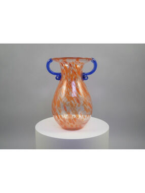 Vintage Nouveau Orange Spatter Art Glass Vase with Applied Cobalt Blue Handles